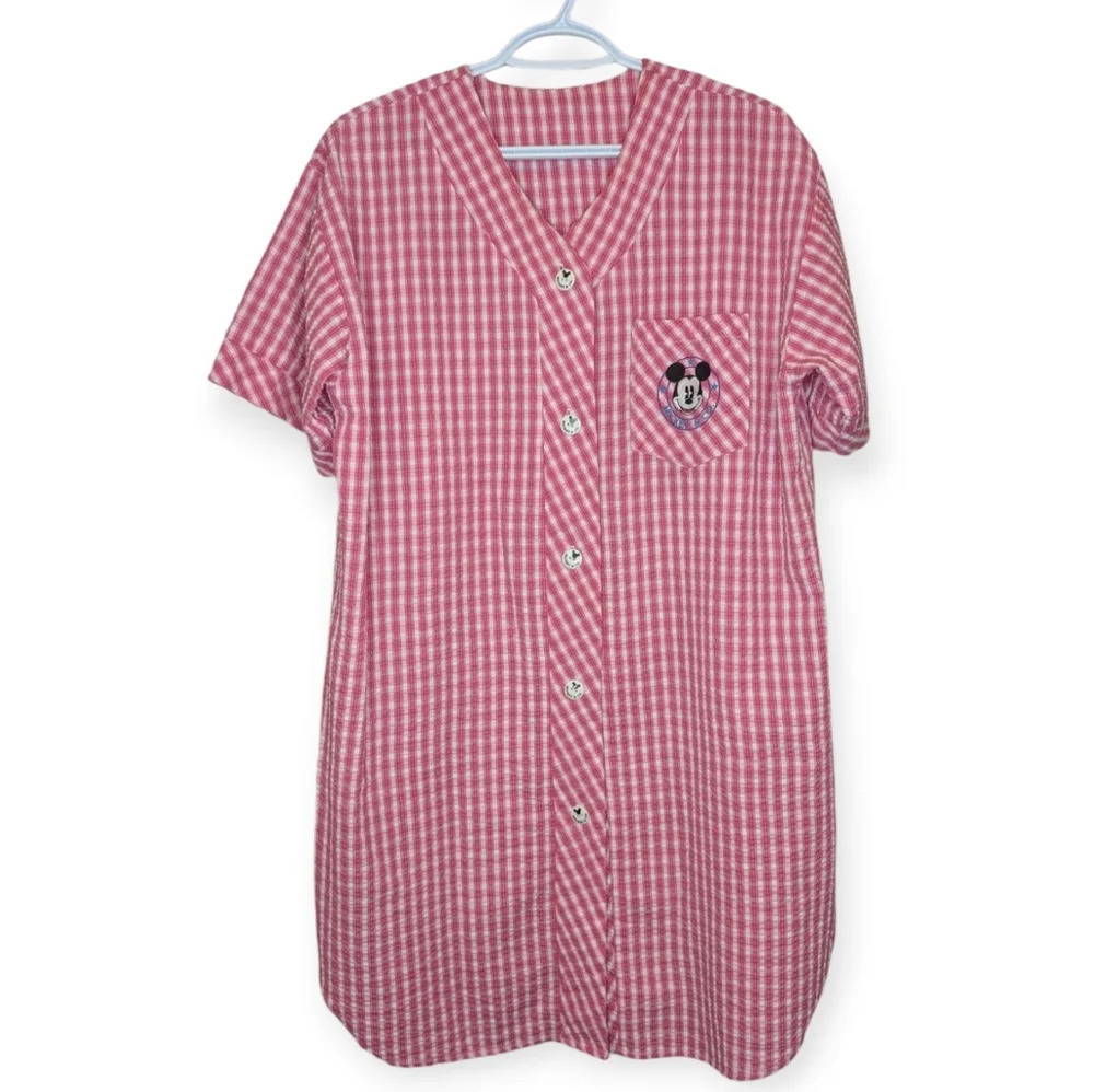 Vintage Disney Mickey Mouse Check Button Down Nightgown Dress Pink/White, Pocket